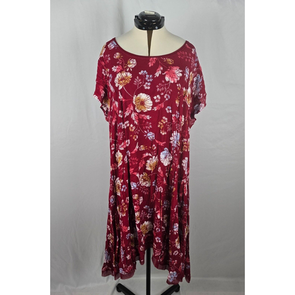 Woman Within Dress Women's 26W Red Floral Print Short Sleeve Ruffle High Low Hem